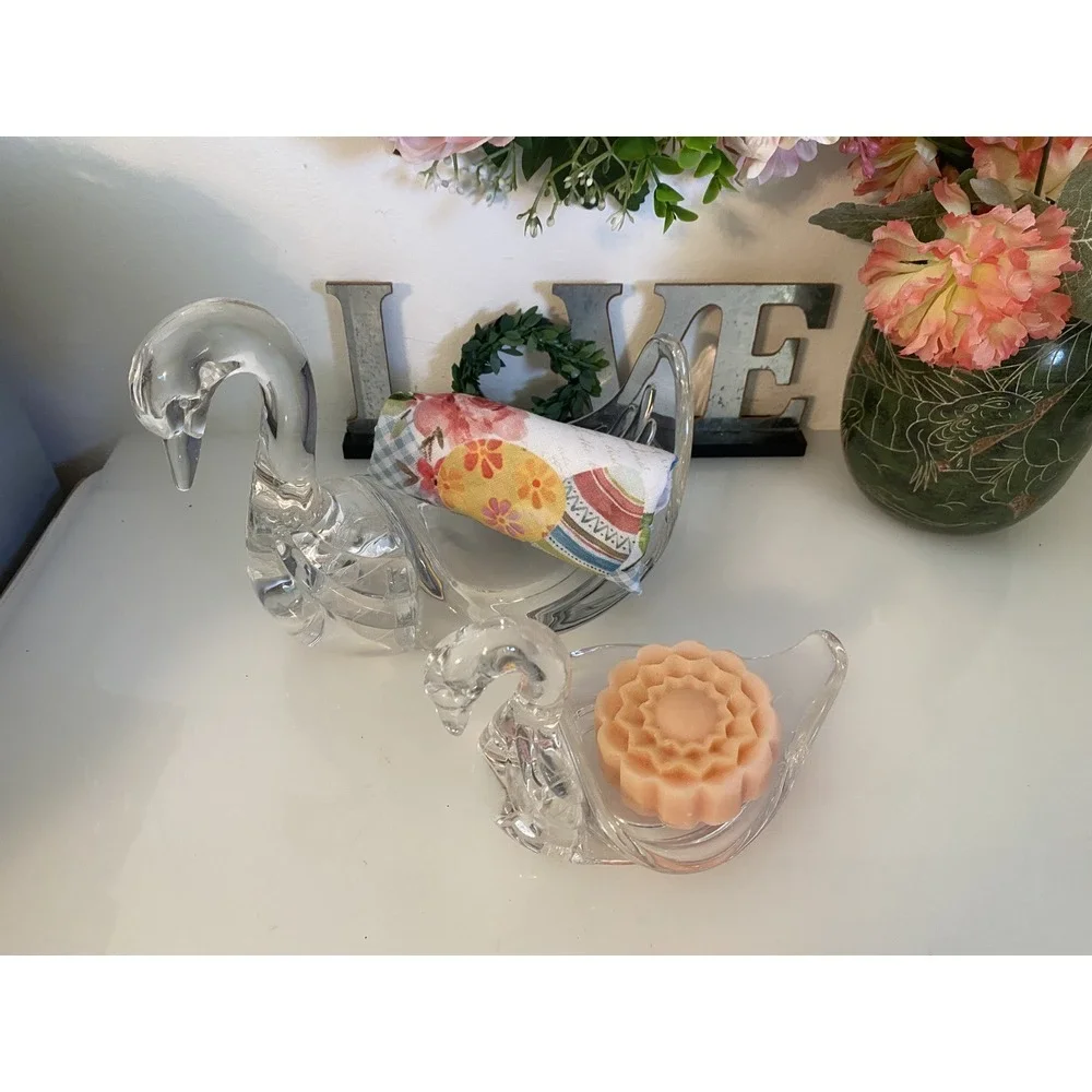 Vintage MCM Lucite Clear Swan Set of 2 Towel & Soap Holders 9